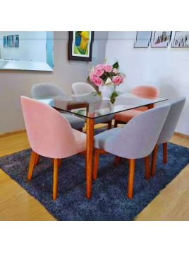 Comedor Ariana vintage 6 sillas en madera tornillo con tablero de vidrio