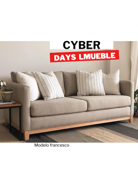 Sofa lineal francesco en tapiz chenille con zocalo de madera tornillo