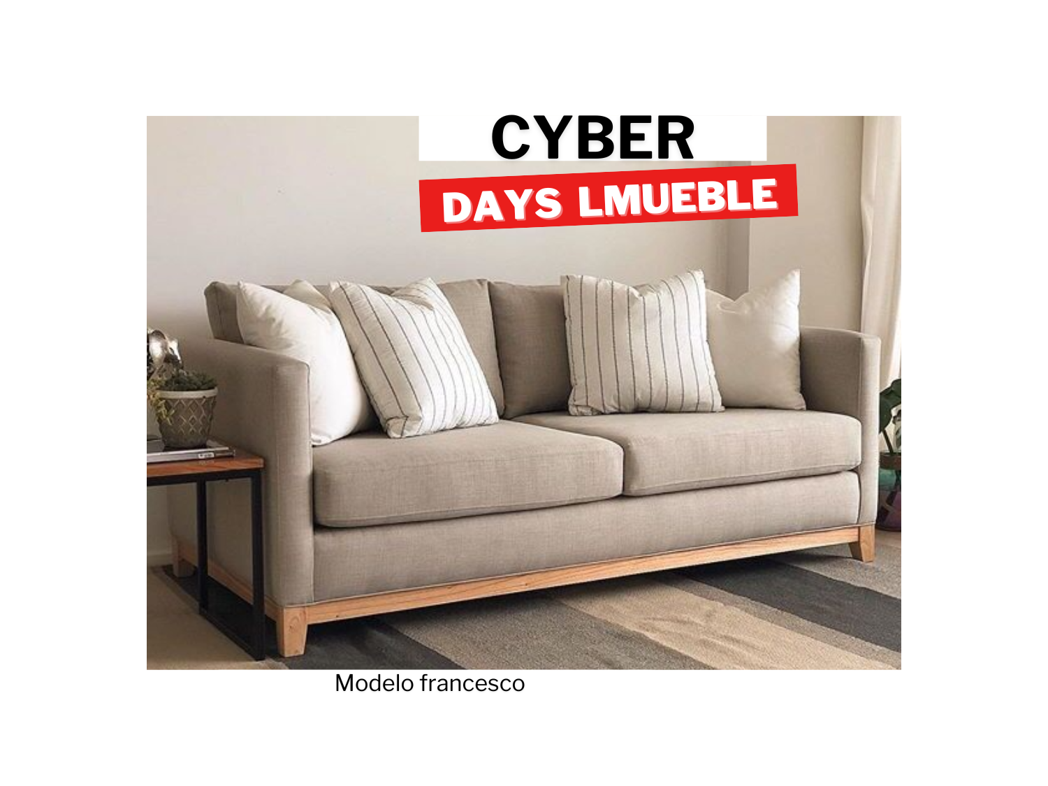 Sofa lineal francesco en tapiz chenille con zocalo de madera tornillo