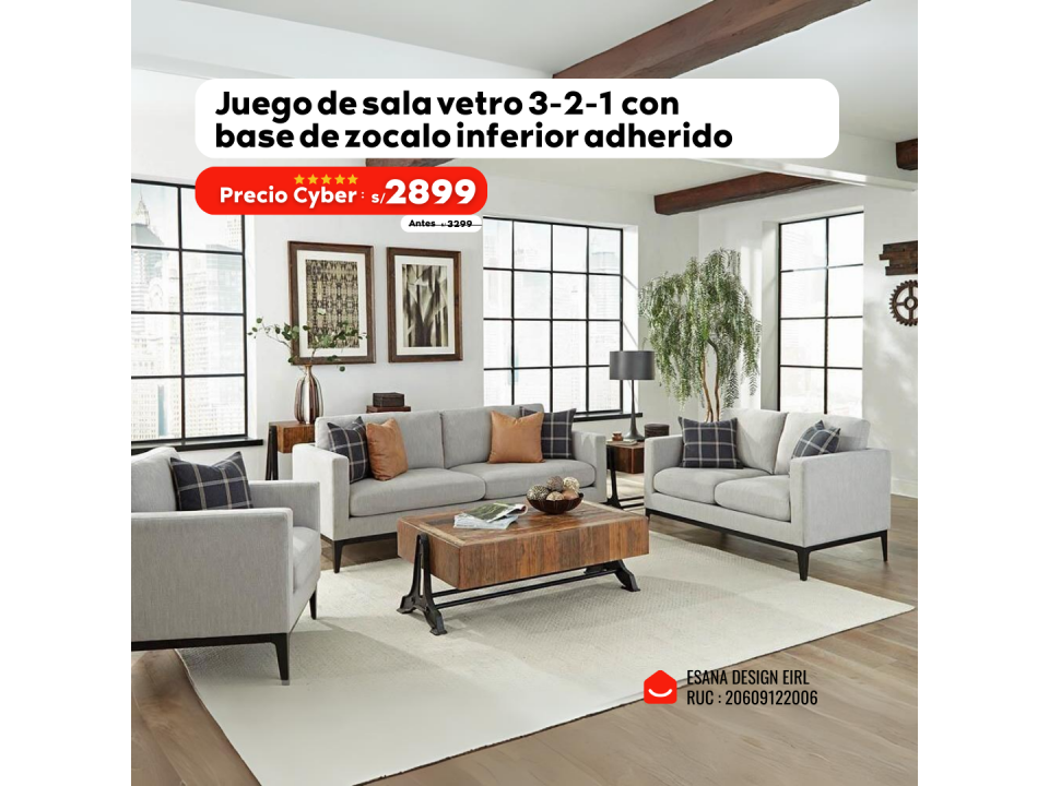 Juego de Sala vetro  3-2-1 Tela Lino Antifluido con Base de Zócalo Juego de Sala vetro  3-2-1 Tela Lino Antifluido con Base de Zócalo