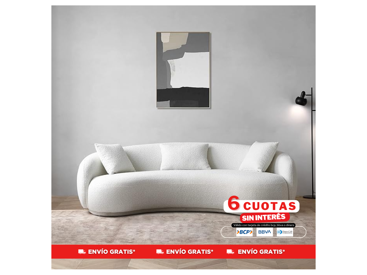 Sofa curvo Fernanda tela lino color blanco