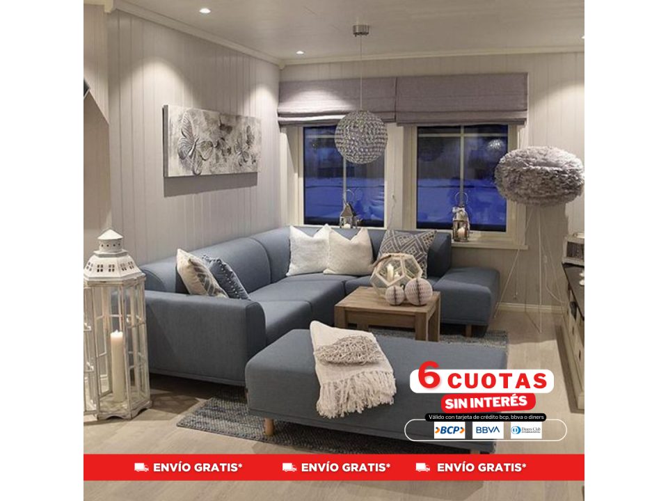 Seccional Damasco tela antifluido + banqueta + 4 cojines decorativos