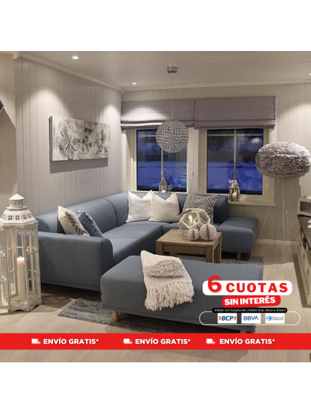 Seccional Damasco tela antifluido + banqueta + 4 cojines decorativos