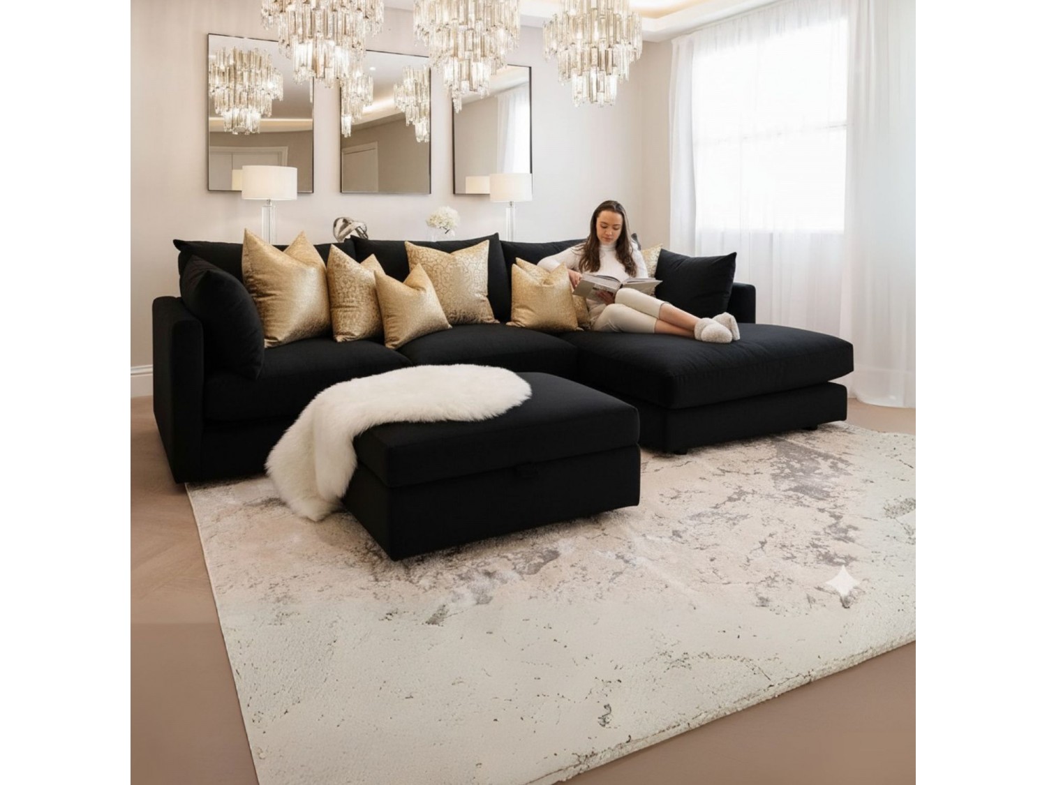 Seccional Nuria con Banqueta + 6 Cojines en tela montreal