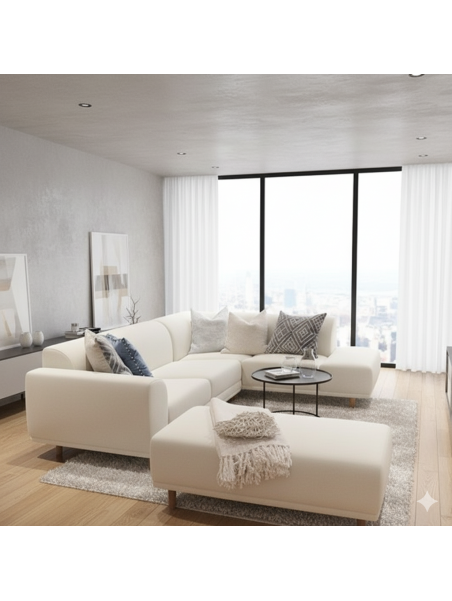 Seccional Leia + banqueta en tela antifluido de 247 cm x 185 cm parte L