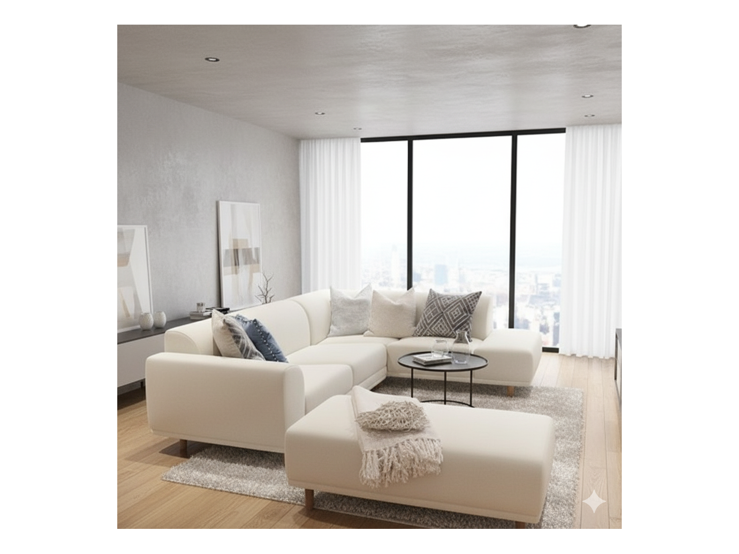 Seccional Leia + banqueta en tela antifluido de 247 cm x 185 cm parte L