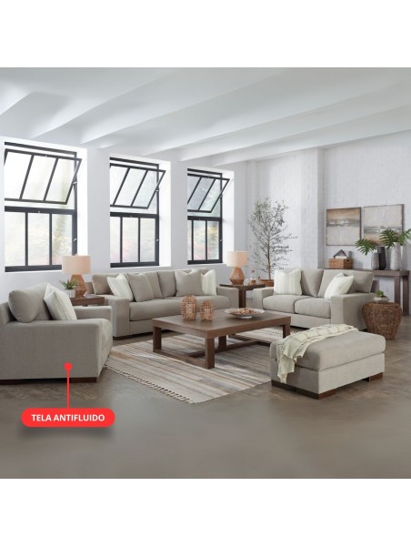 Sala Beele 3-2-1 con banqueta isabella en tela chenille antifluido