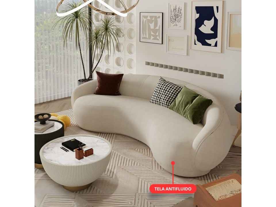 Sofá Curvo 230x85 cm Tela Chenille Antifluido Marfil