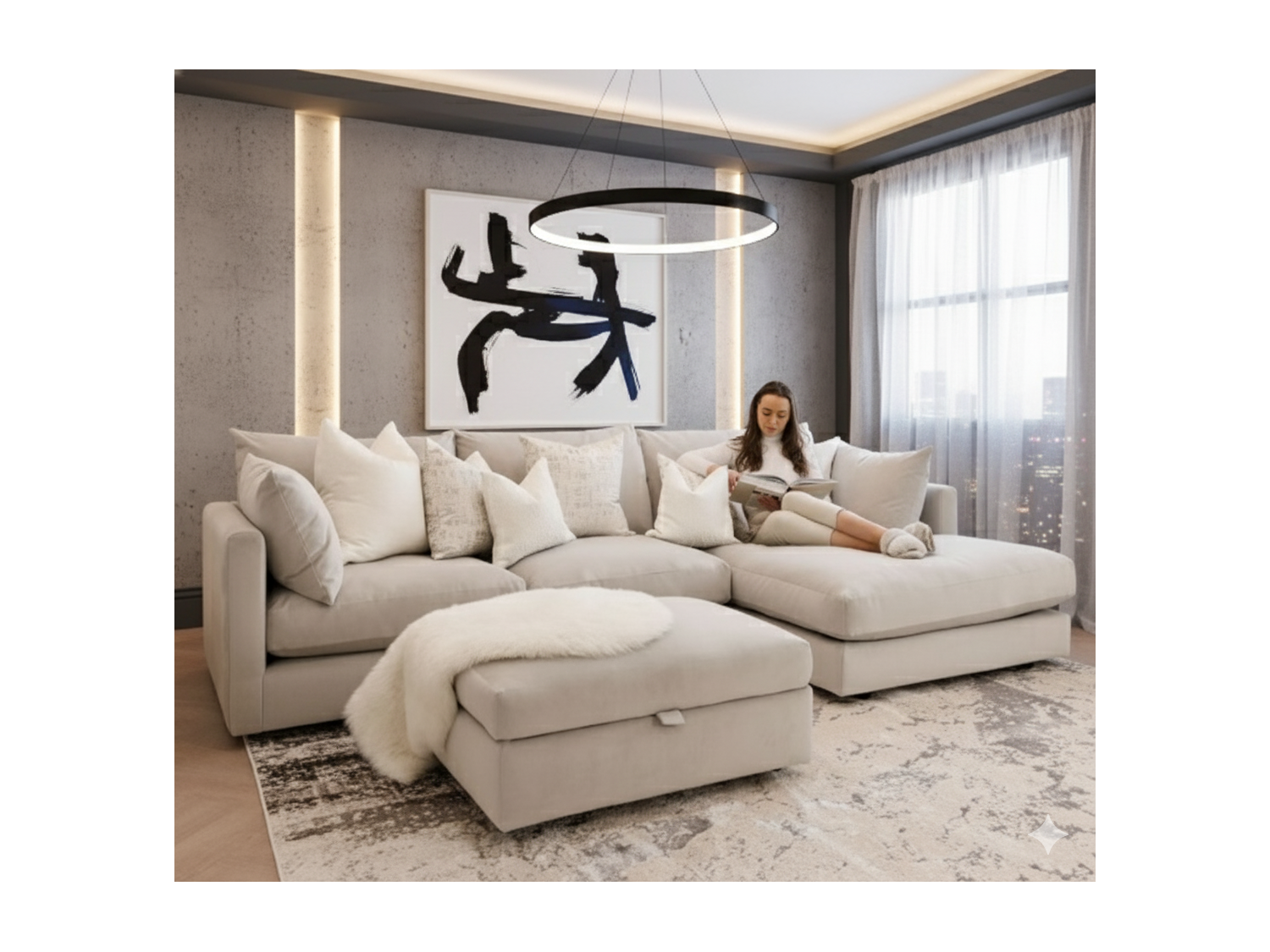 Seccional Kristi con Banqueta + 6 Cojines en chenille Antifluido por cyber