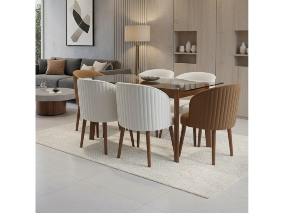 Comedor moderno Gaelli con tablero de vidrio en tela chenille