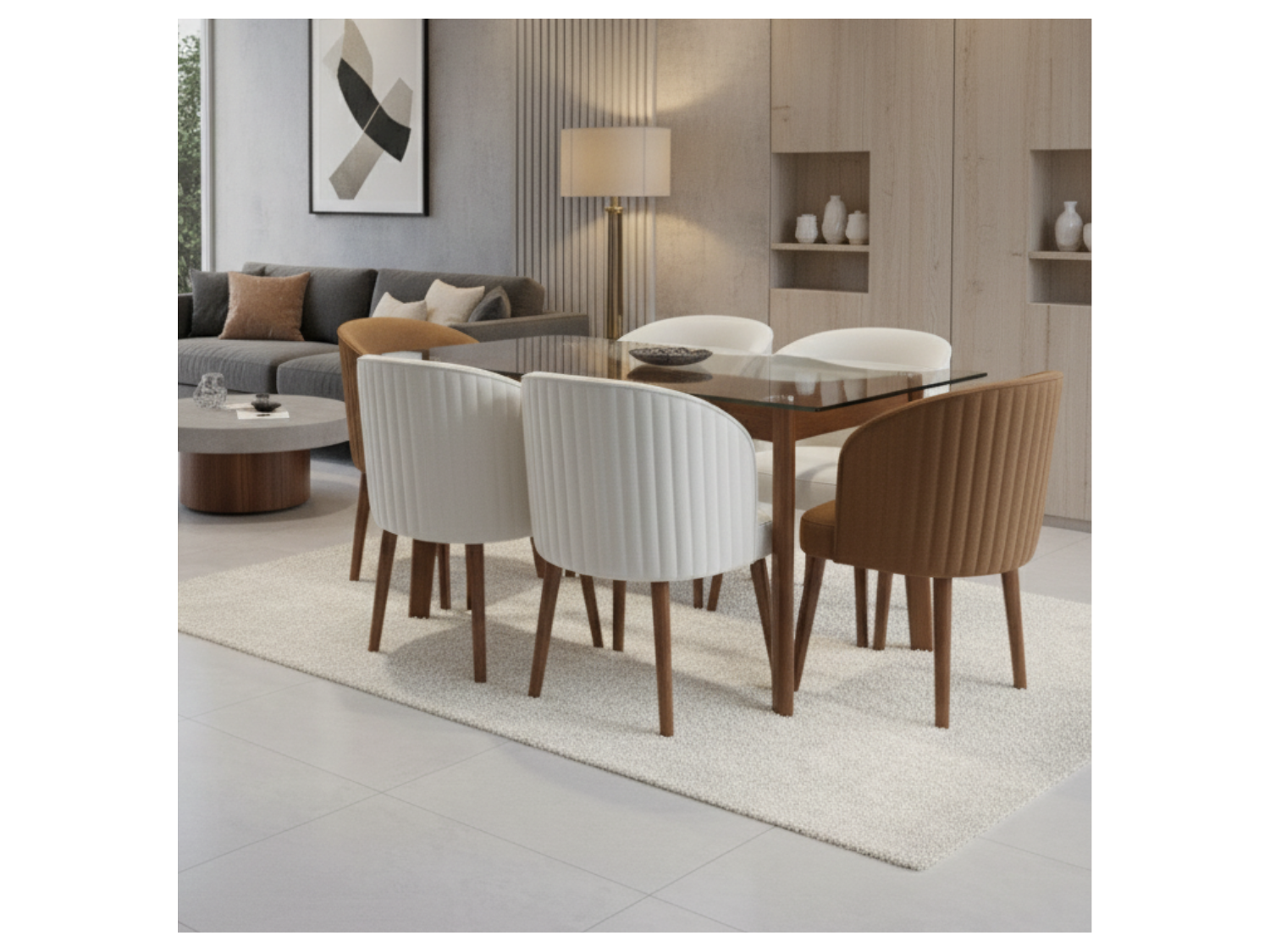 Comedor moderno Gaelli con tablero de vidrio en tela chenille
