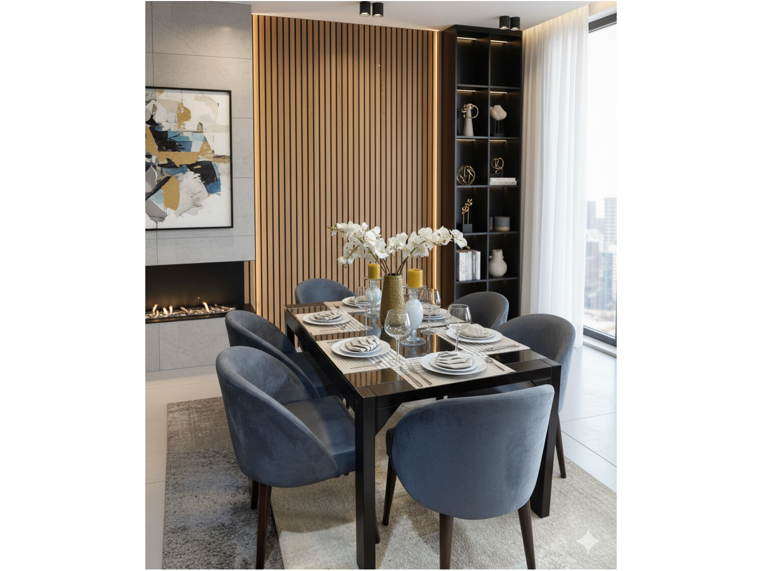 Comedor Riple con 6 Sillas en Madera de Tornillo y Tablero de Vidrio