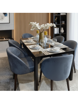 Comedor Riple con 6 Sillas en Madera de Tornillo y Tablero de Vidrio