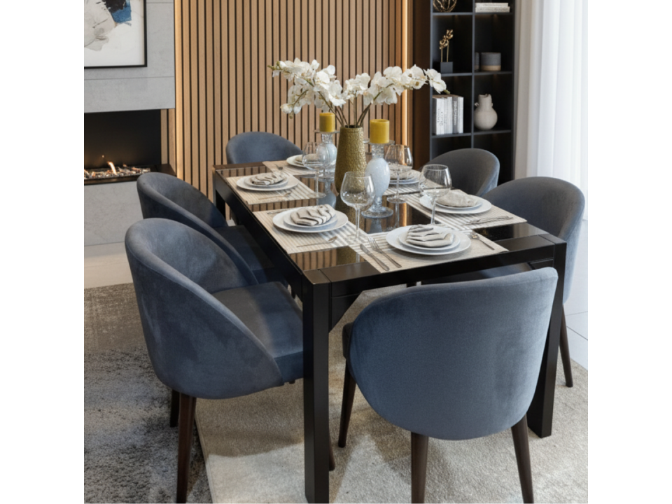Comedor Riple con 6 Sillas en Madera de Tornillo y Tablero de Vidrio