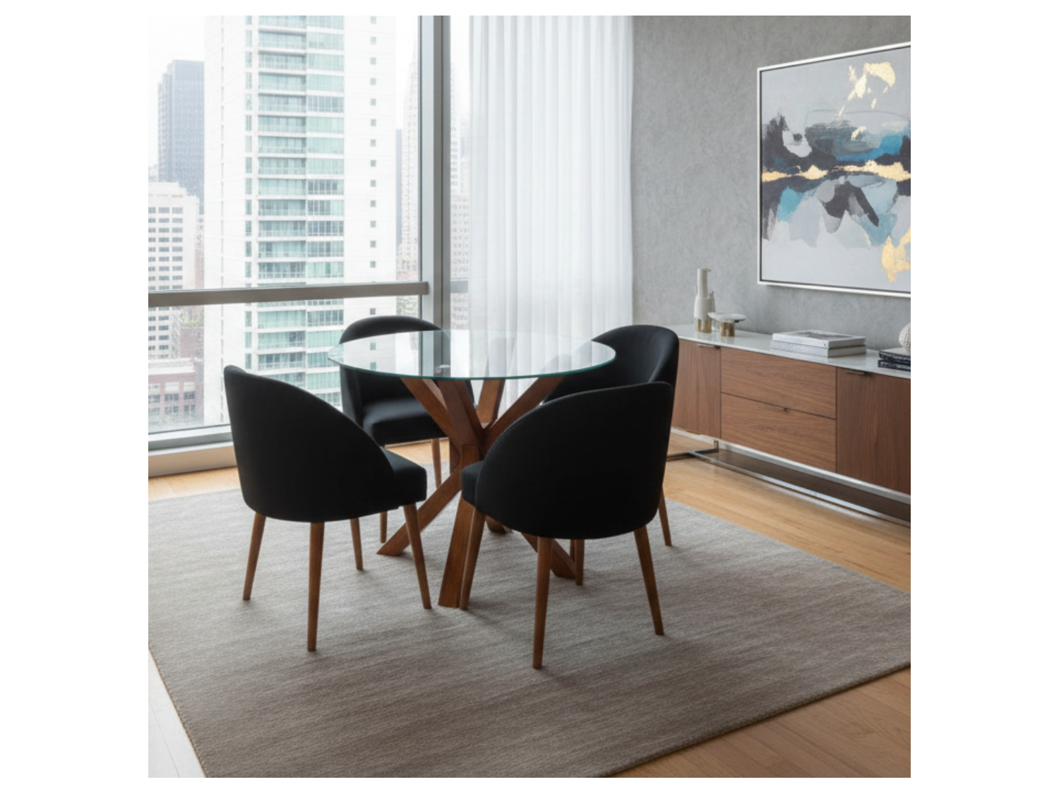 Comedor Melanie redondo de vidrio con 4 sillas vintage