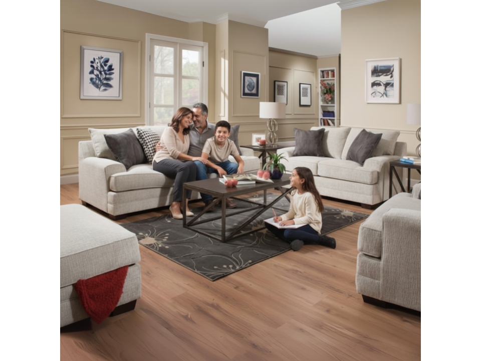 Sala Santiago 3-2-1 con banqueta rectangular en tela chenille