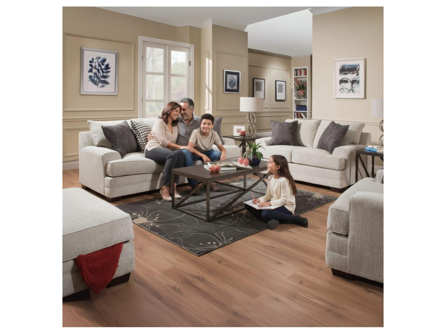 Sala Santiago 3-2-1 con banqueta rectangular en tela chenille