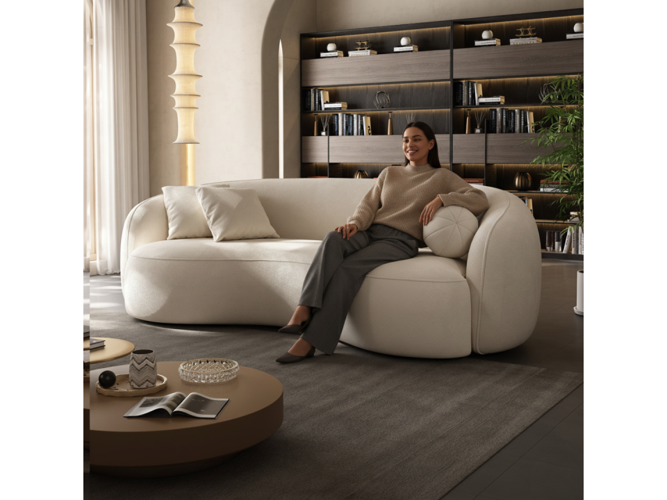 Sofá Curvo 230x85 cm Tela Chenille Antifluido Marfil