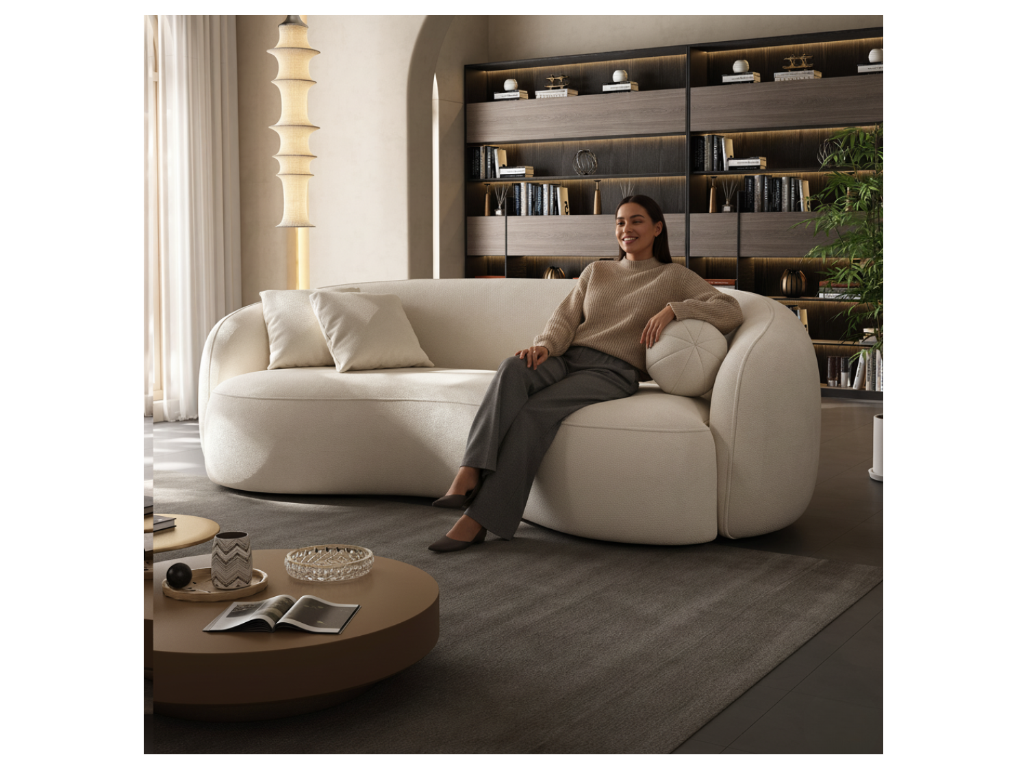 Sofá Curvo 230x85 cm Tela Chenille Antifluido Marfil