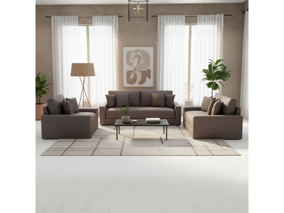 Sala Mina 3-2-1 con banqueta en tela chenille Sala Mina 3-2-1 con banqueta en tela chenille
