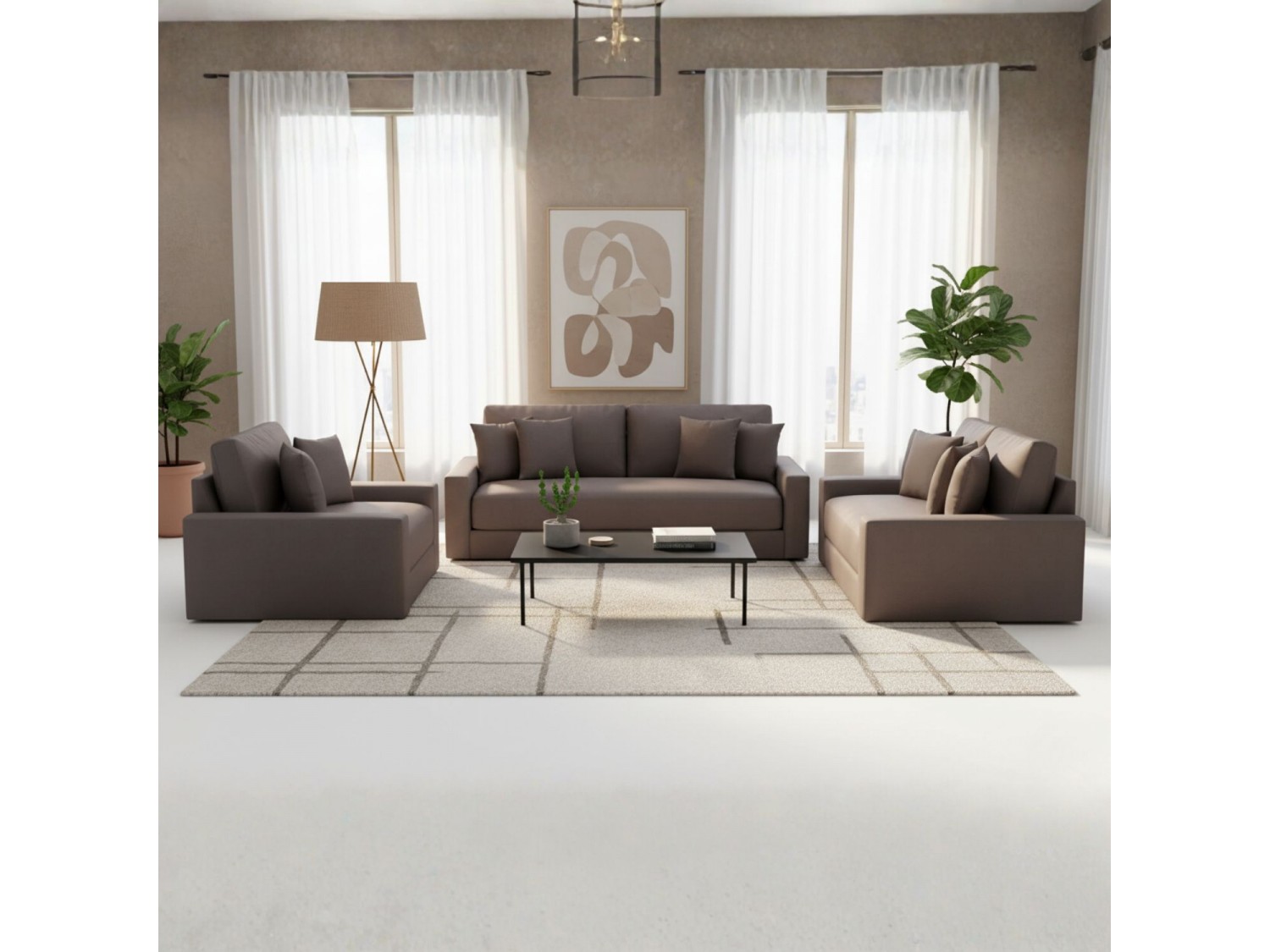 Sala Mina 3-2-1 con banqueta en tela chenille Sala Mina 3-2-1 con banqueta en tela chenille