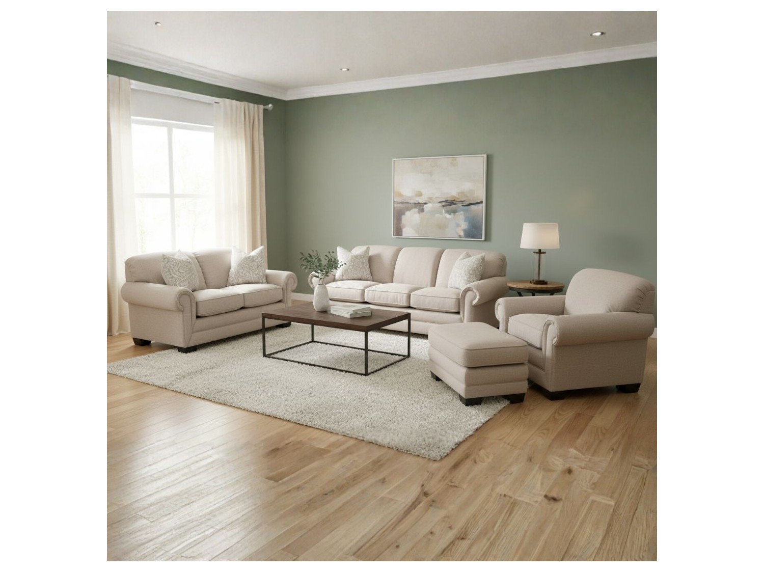 Juego de Sala Juno 3-2-1+ Banqueta en Tela Antifluido Incluye 6 Cojines Decorativos