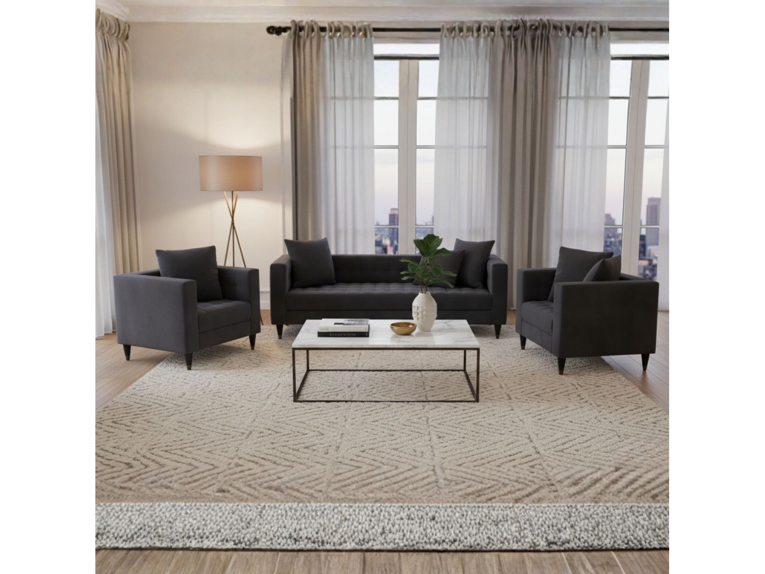 Juego de sala Blacke 3-2-1 en tela chenille antifluido | Muebles modernos LMUEBLE Perú