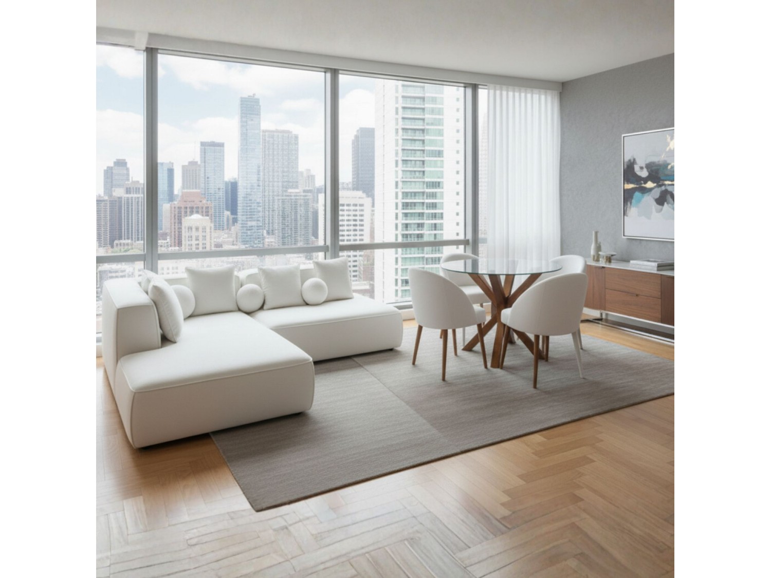 Combo Home: Seccional moderno 230x150 cm + comedor redondo 4 sillas de 100 cm | LMUEBLE Perú