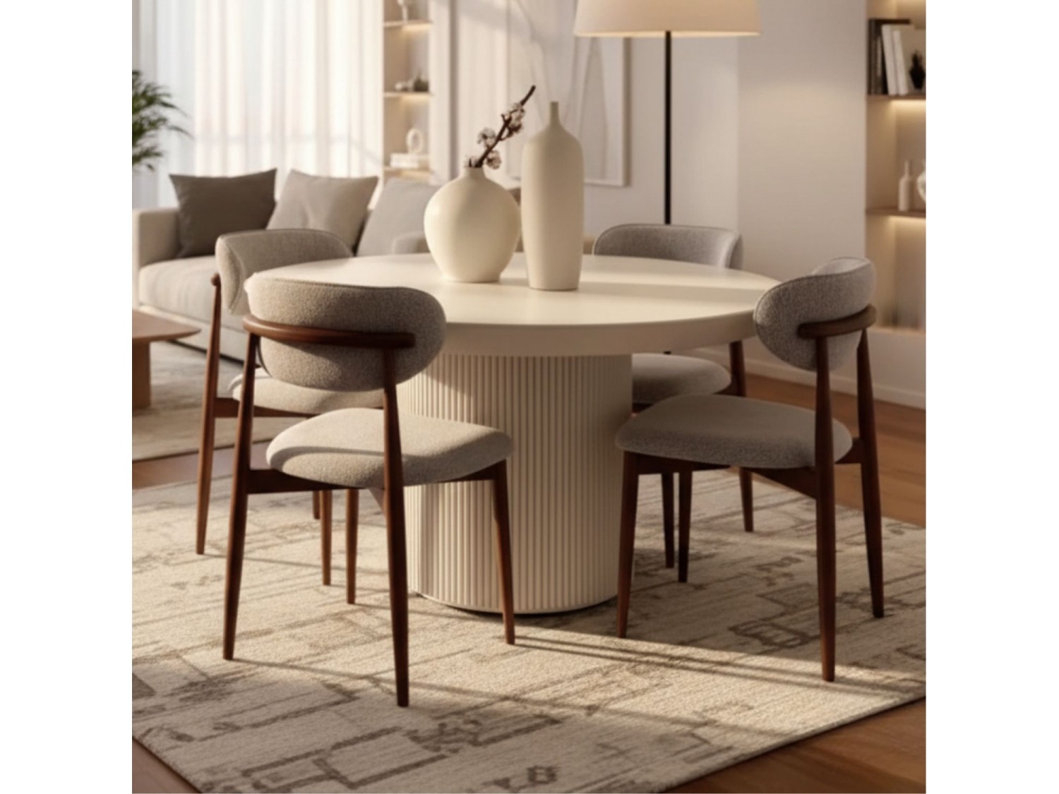 Comedor Circular Luciane de 5 sillas tapizado en tela chenille