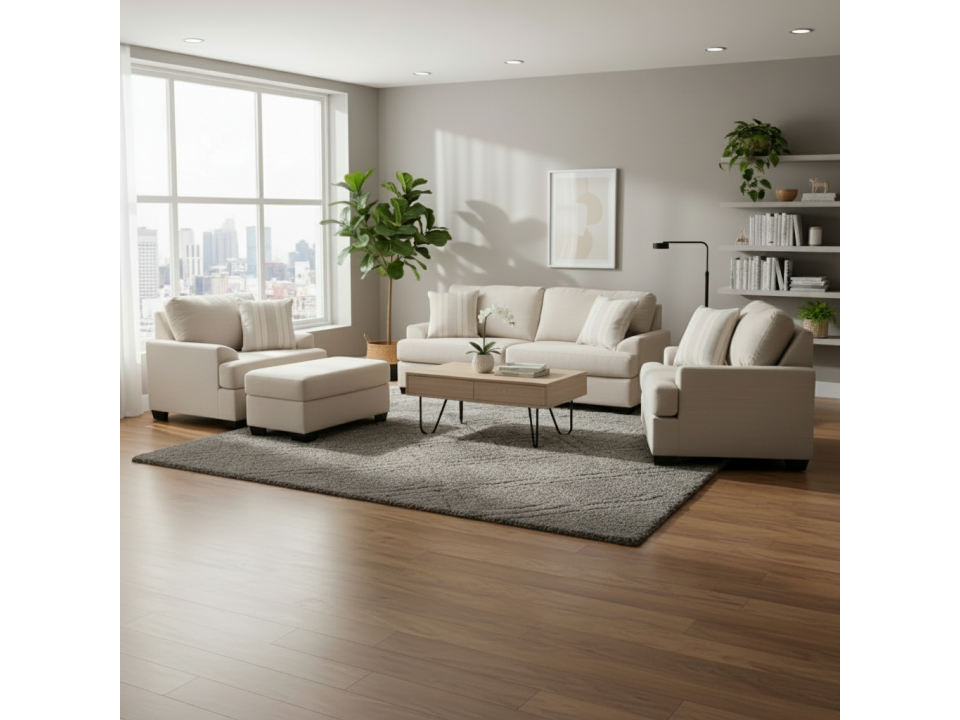 Juego de Sala Malena 3-2-1 con Banqueta en Tela Antifluido Chenille