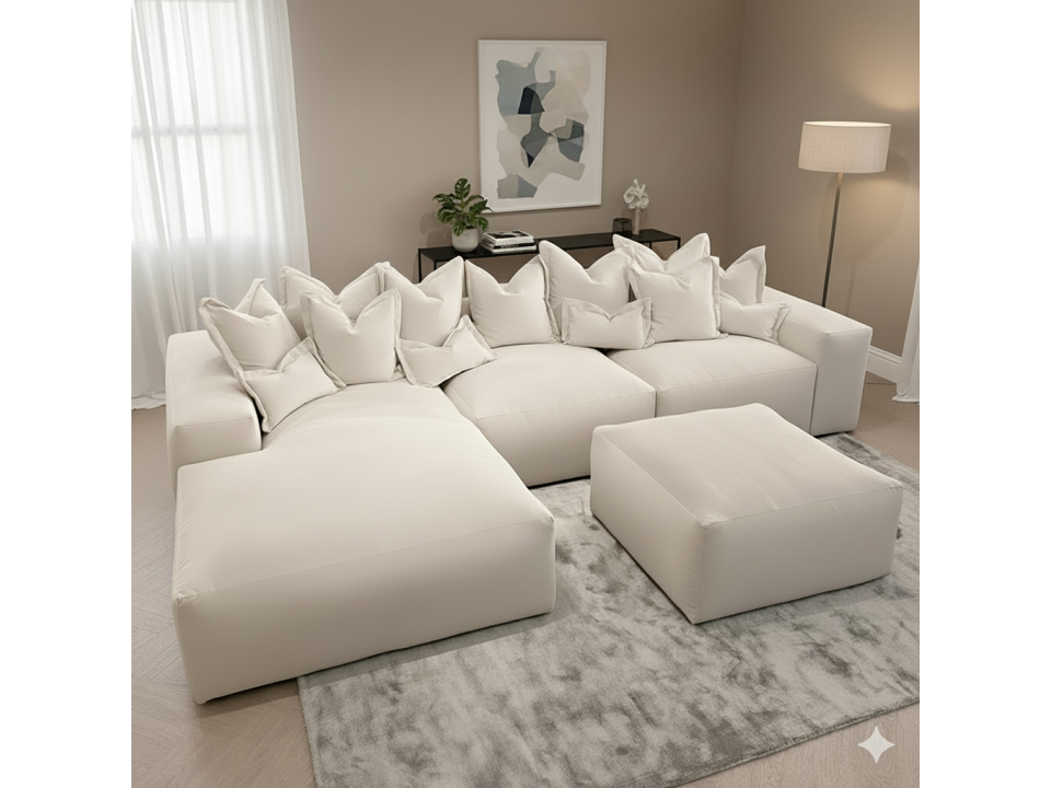 Seccional 260x180 cm con Banqueta en Tela Antifluido | Sofá Esquinero Moderno con 6 Cojines Decorativos – Lmueble Perú