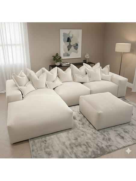 Seccional 260x180 cm con Banqueta en Tela Antifluido | Sofá Esquinero Moderno con 6 Cojines Decorativos – Lmueble Perú