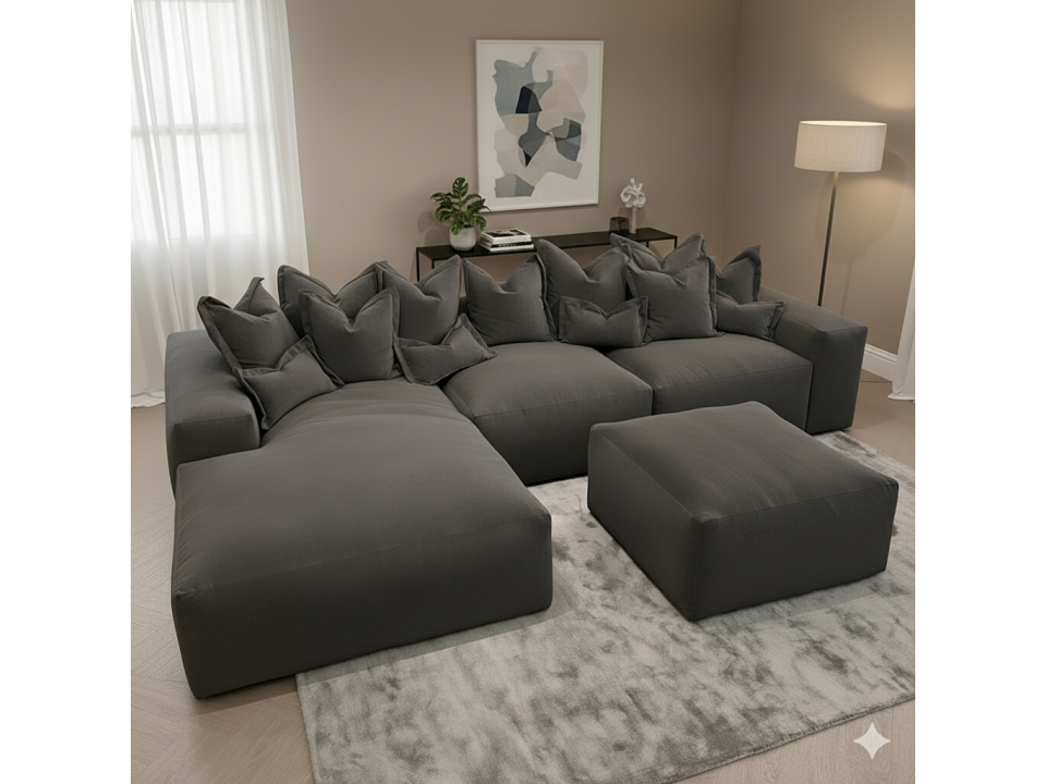 Seccional 260x180 cm con Banqueta en Tela Antifluido | Sofá Esquinero Moderno con 6 Cojines Decorativos – Lmueble Perú