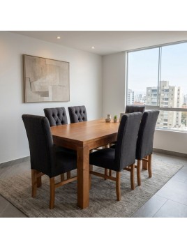 Comedor Bordaca 6 sillas en tablero madera tornillo con sillas capitone
